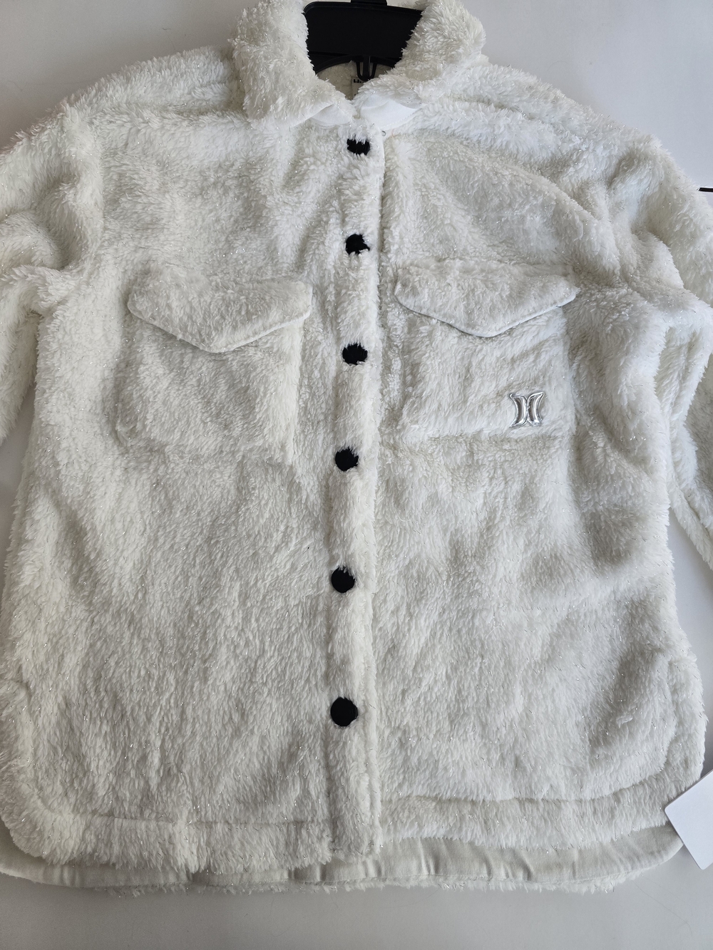 Hurley White Sherpa Shirt Jacket with Black Buttons and Logo